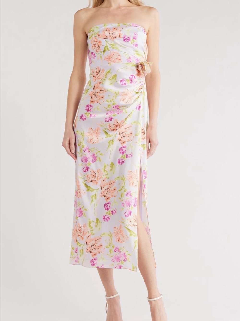 cinq a sept Strapless Floral Midi Dress in Lilac, Peach & Green